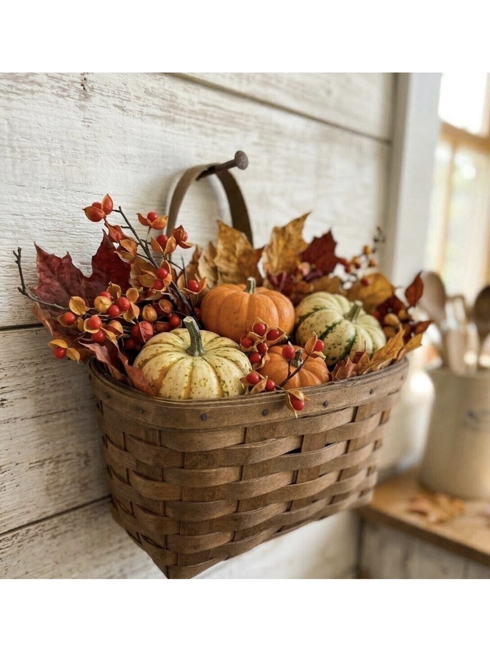 Vintage Woven Splint Wood Hanging Wall Basket |Country Farm Primitive Decor